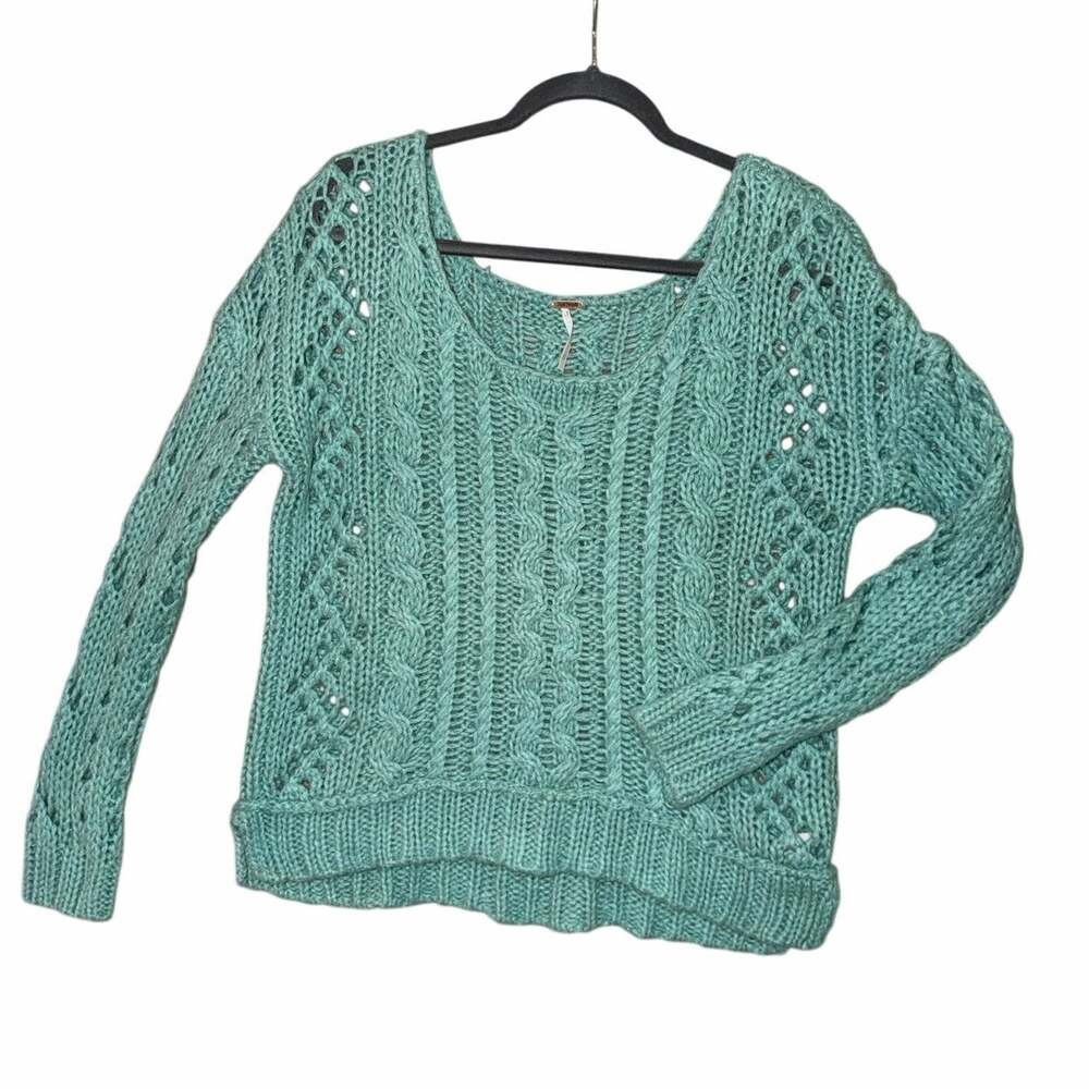 Free people seafoam green open weave knit sweater nylon wool mohair blend medium